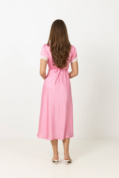 Agnes Dot Satin Midi Dress - Pink