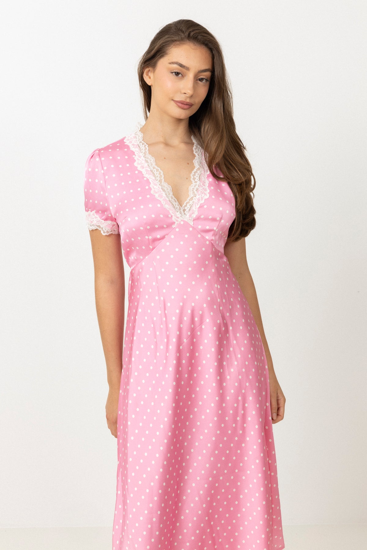 Agnes Dot Satin Midi Dress - Pink