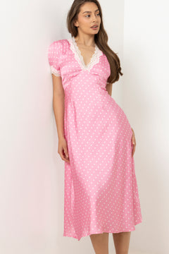 Agnes Dot Satin Midi Dress - Pink