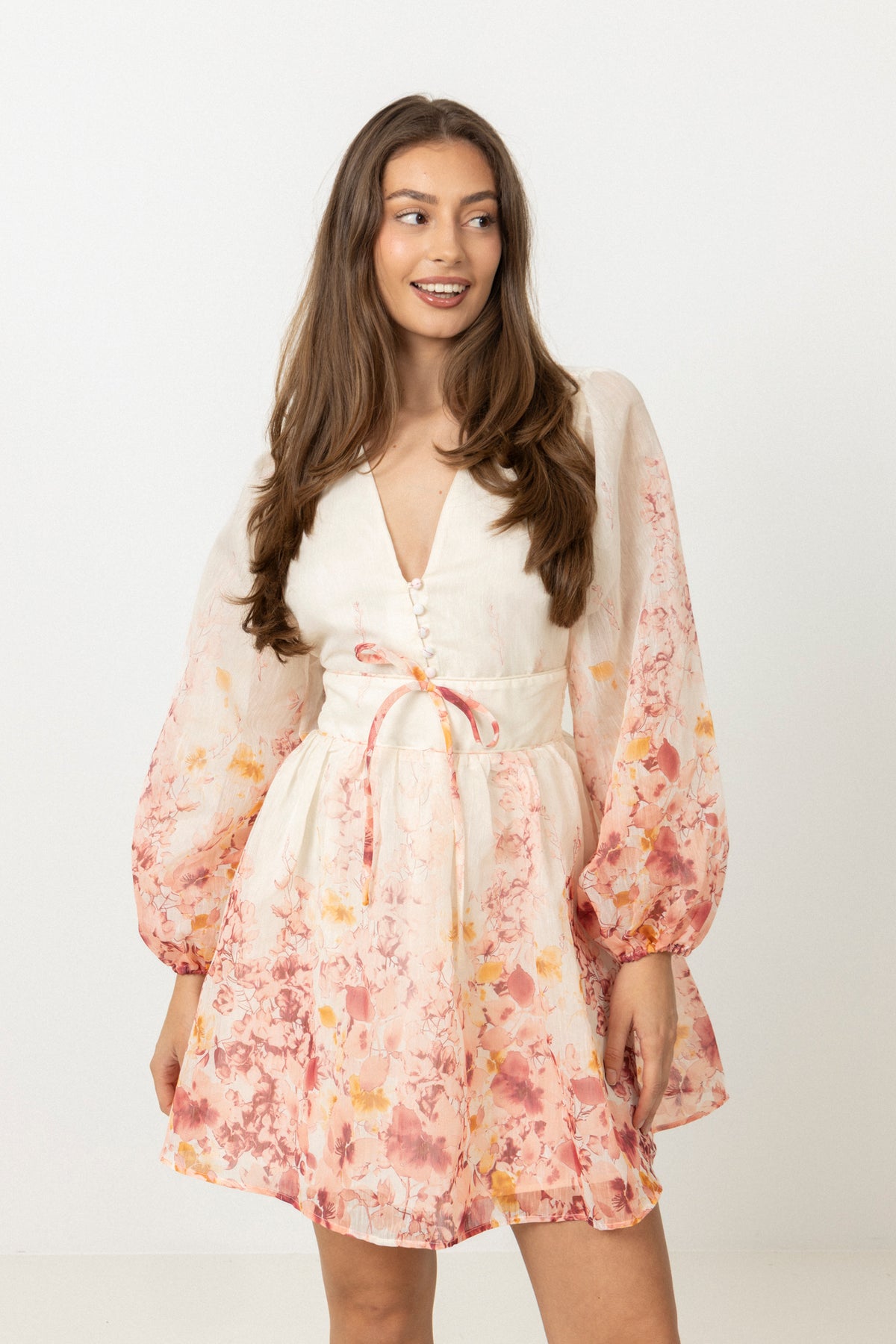 Runa Button Floral Mini Dress - Light Pink Floral