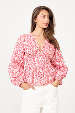 Rosine Linen Top - White/Red