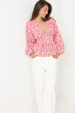 Rosine Linen Top - White/Red