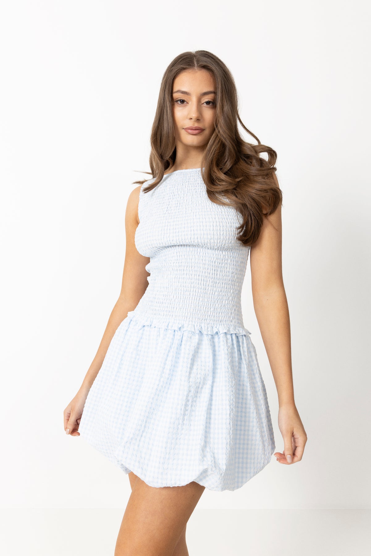Tora Gingham Mini Dress - Light Blue