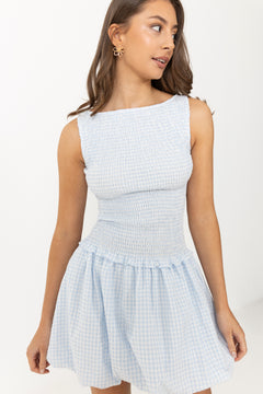 Tora Gingham Mini Dress - Light Blue