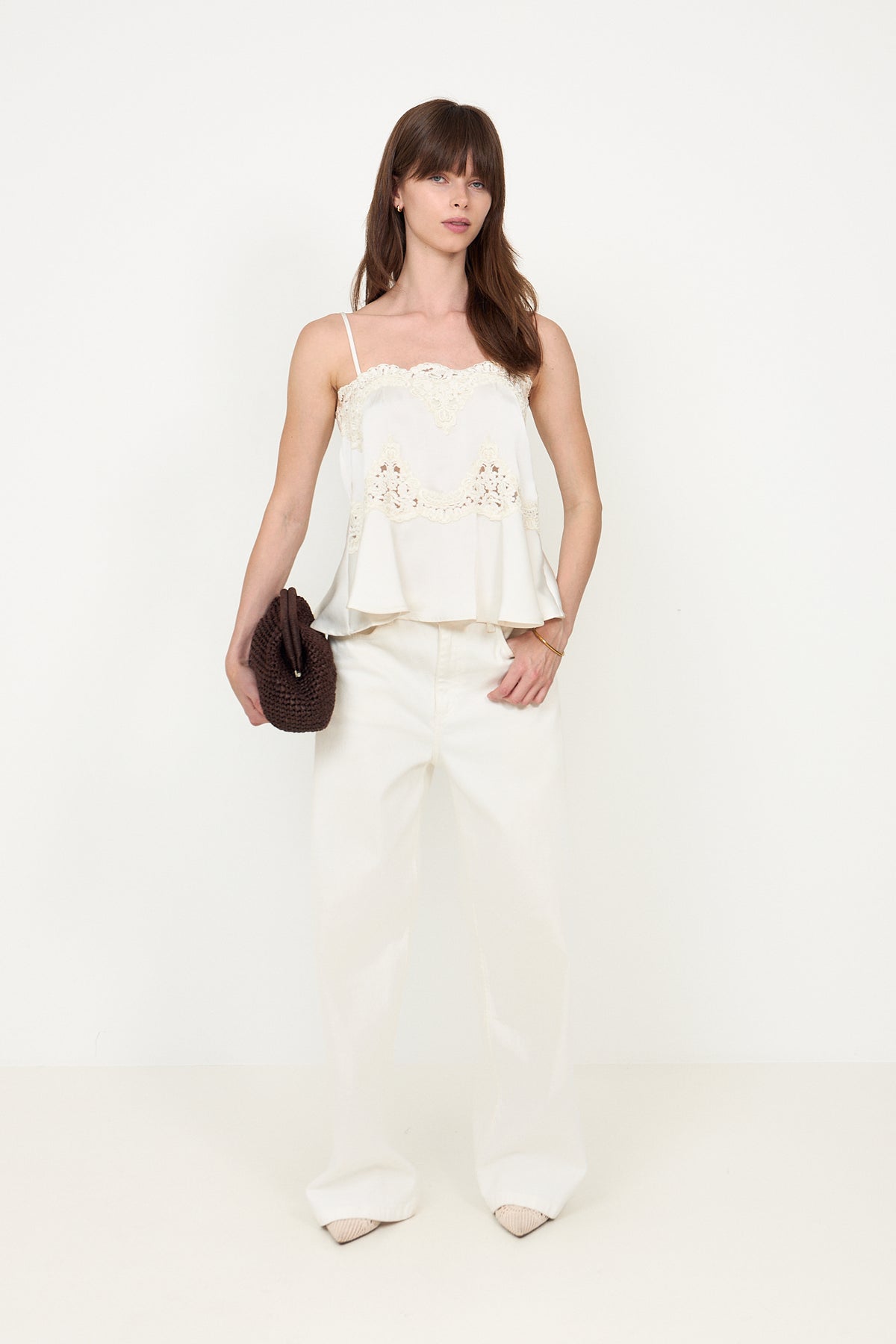 Kaela Heavy Sateen Lace Top - Pearl