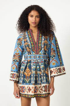 Mini Dress - Embroidered Tapestry Blue