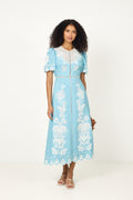 Embroidery Short Sleeve Midi Dress - Light Blue