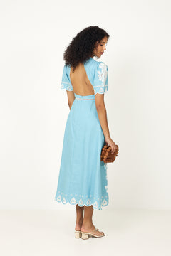 Embroidery Short Sleeve Midi Dress - Light Blue