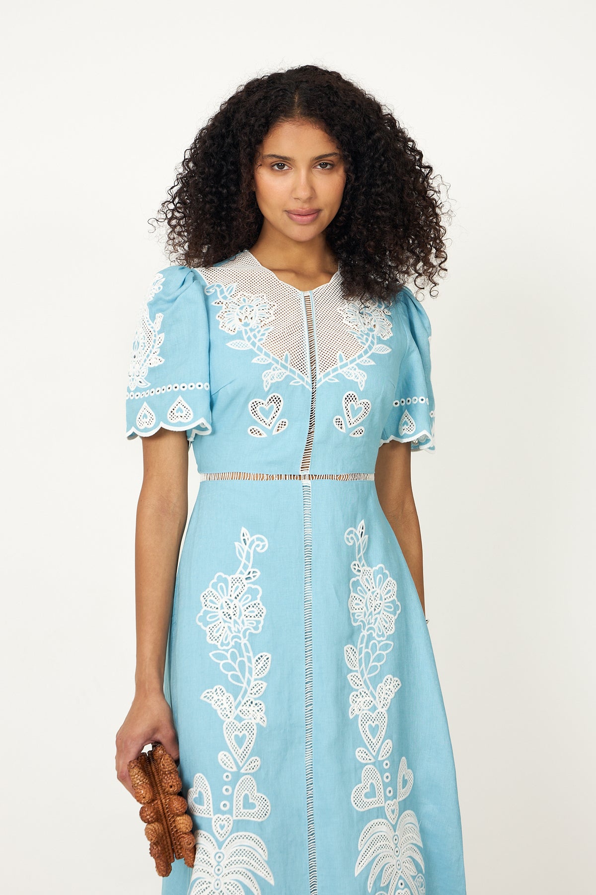 Embroidery Short Sleeve Midi Dress - Light Blue