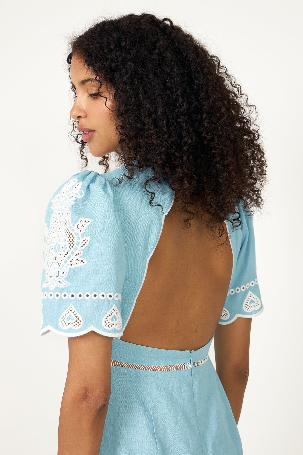 Embroidery Short Sleeve Midi Dress - Light Blue