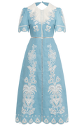 Embroidery Short Sleeve Midi Dress - Light Blue
