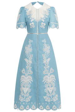 Embroidery Short Sleeve Midi Dress - Light Blue