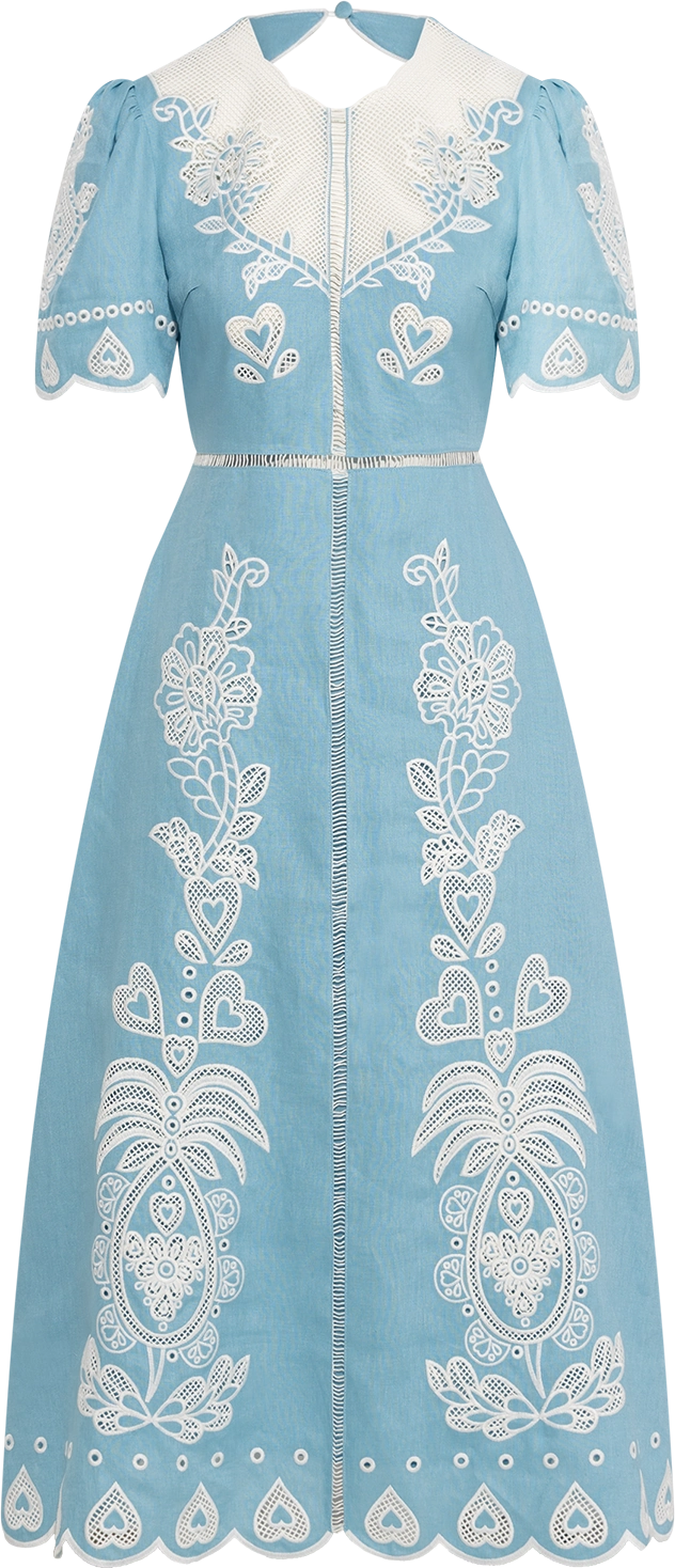 Embroidery Short Sleeve Midi Dress - Light Blue