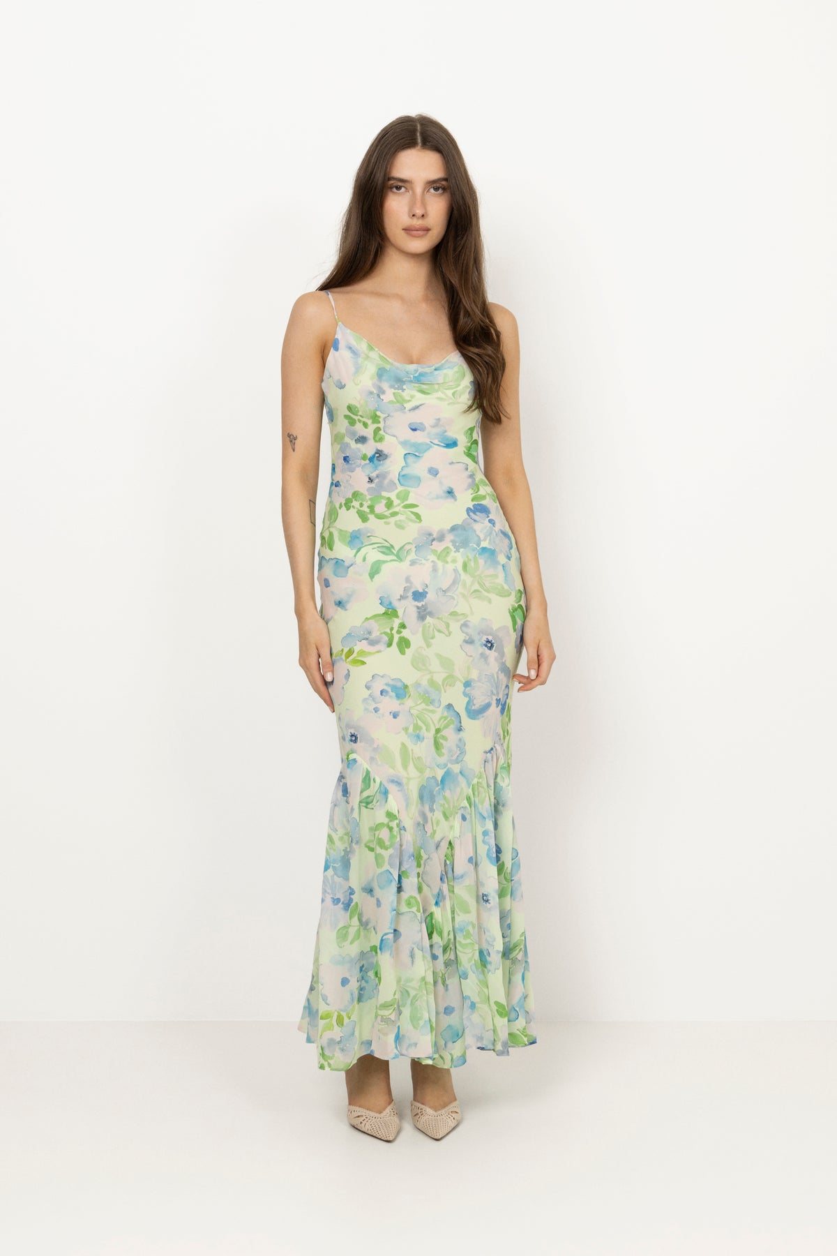 Amaia Chiffon Slip Maxi Dress - Pastel Floral Pistachio