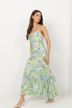 Amaia Chiffon Slip Maxi Dress - Pastel Floral Pistachio