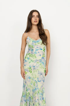 Amaia Chiffon Slip Maxi Dress - Pastel Floral Pistachio
