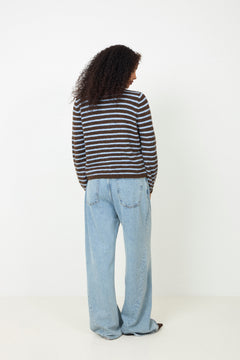 N-Mertice Knit Cardigan - Brown Blue Stripe