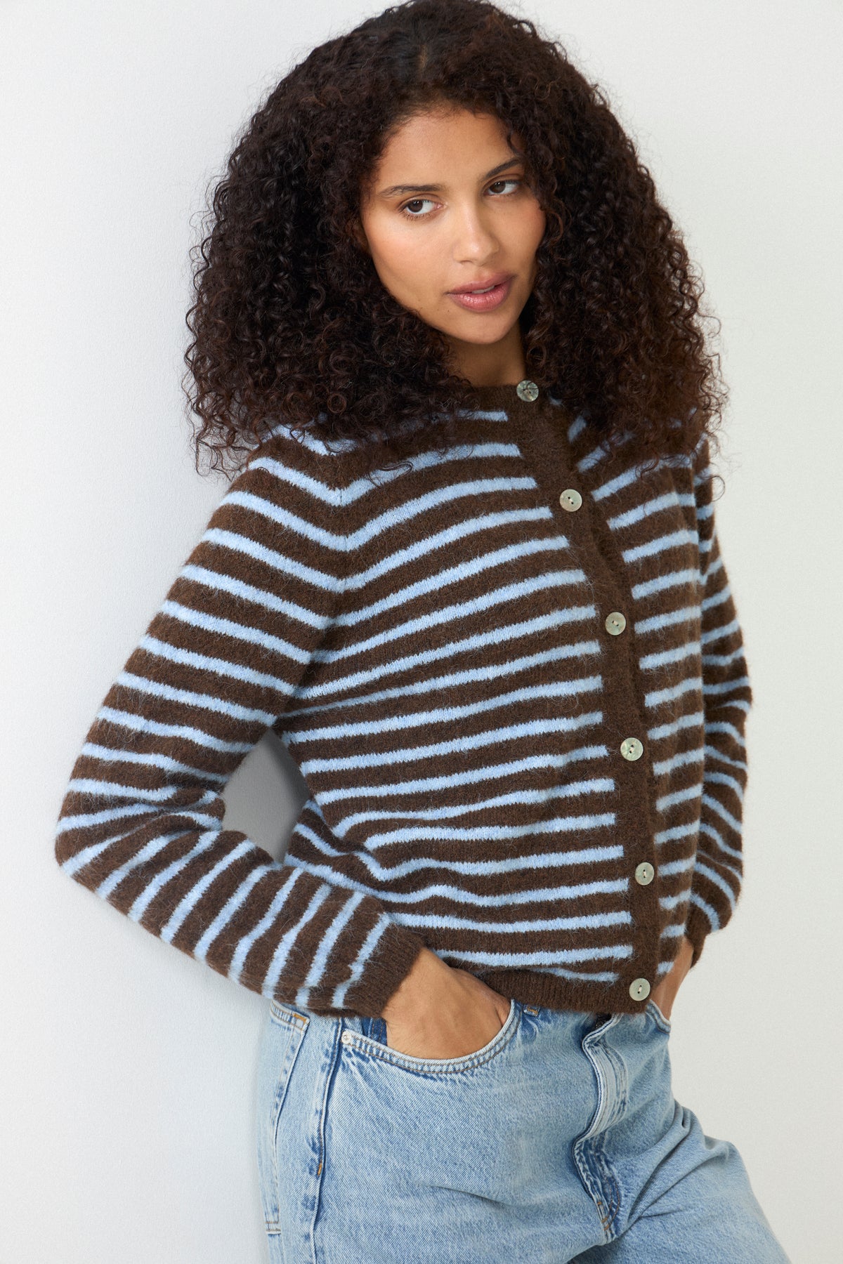 N-Mertice Knit Cardigan - Brown Blue Stripe