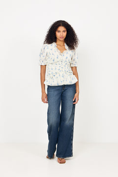 Arielic Blouse - Off White Vintage Blue