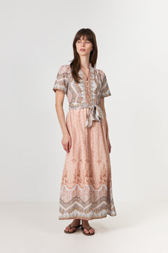 Moviana Flower Border Dress - Flower Peach
