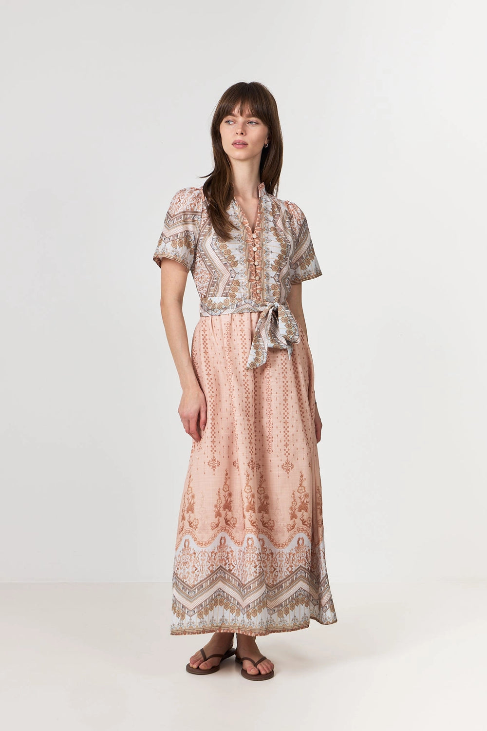 Moviana Flower Border Dress - Flower Peach