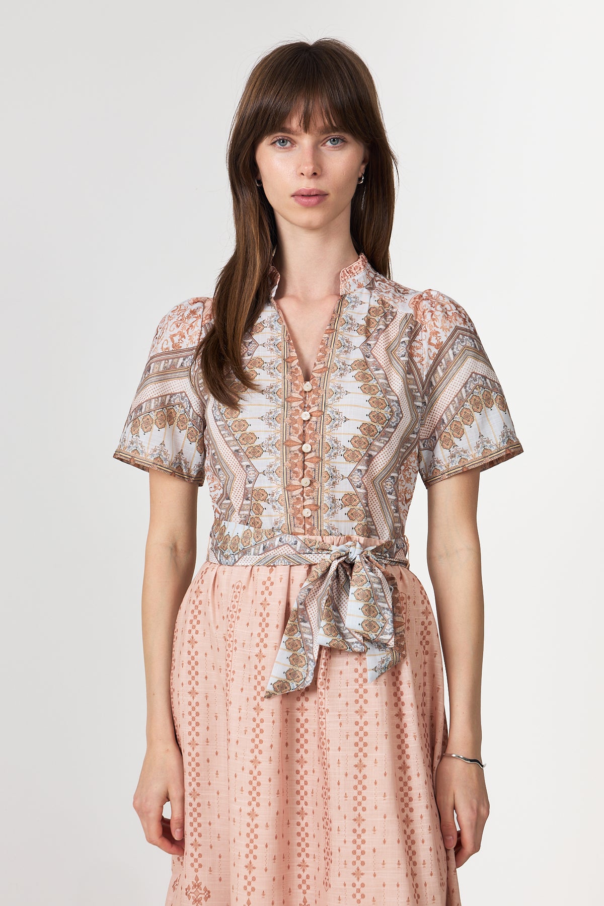 Moviana Flower Border Dress - Flower Peach