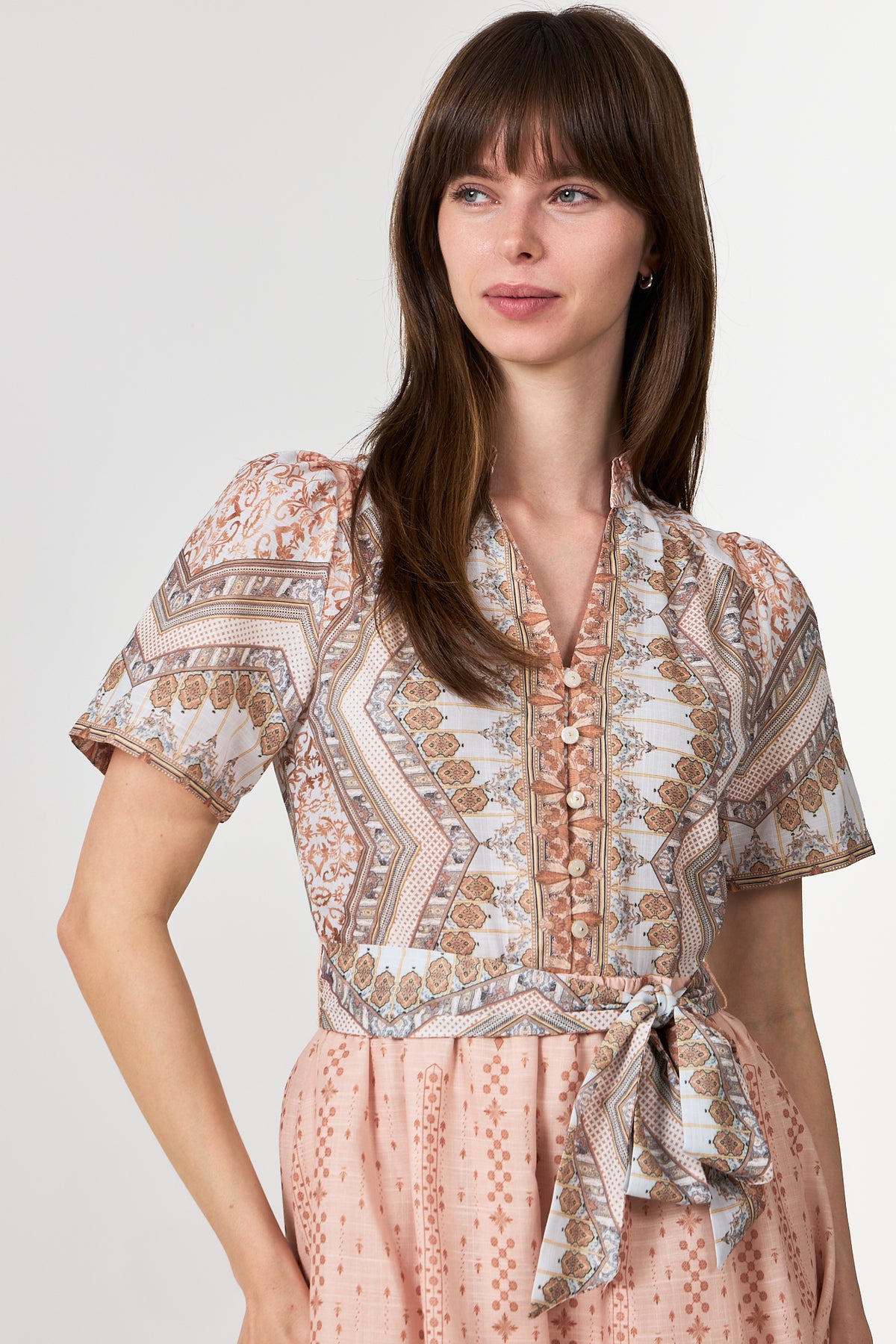 Moviana Flower Border Dress - Flower Peach