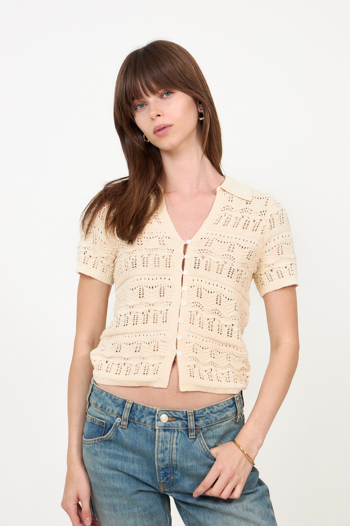 Marisini Stitch Polo Knit Top - Off White