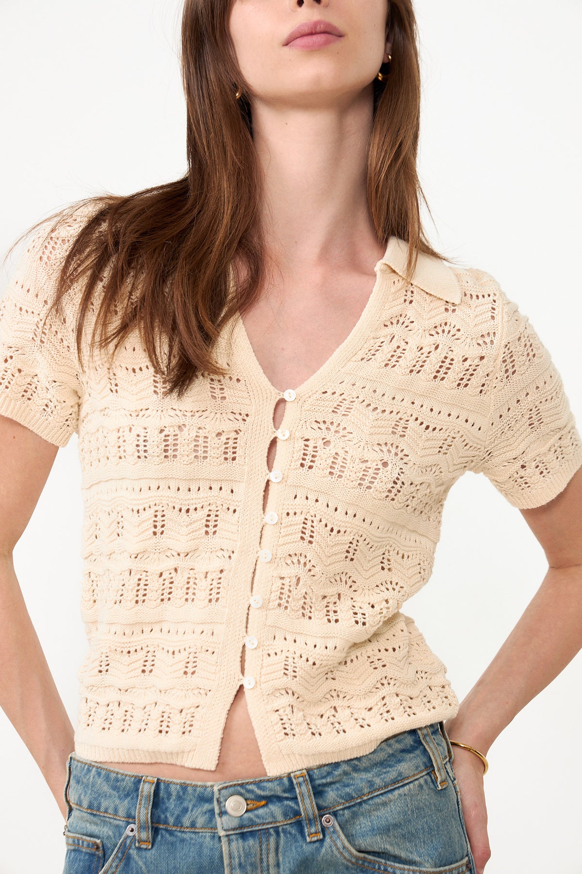 Marisini Stitch Polo Knit Top - Off White