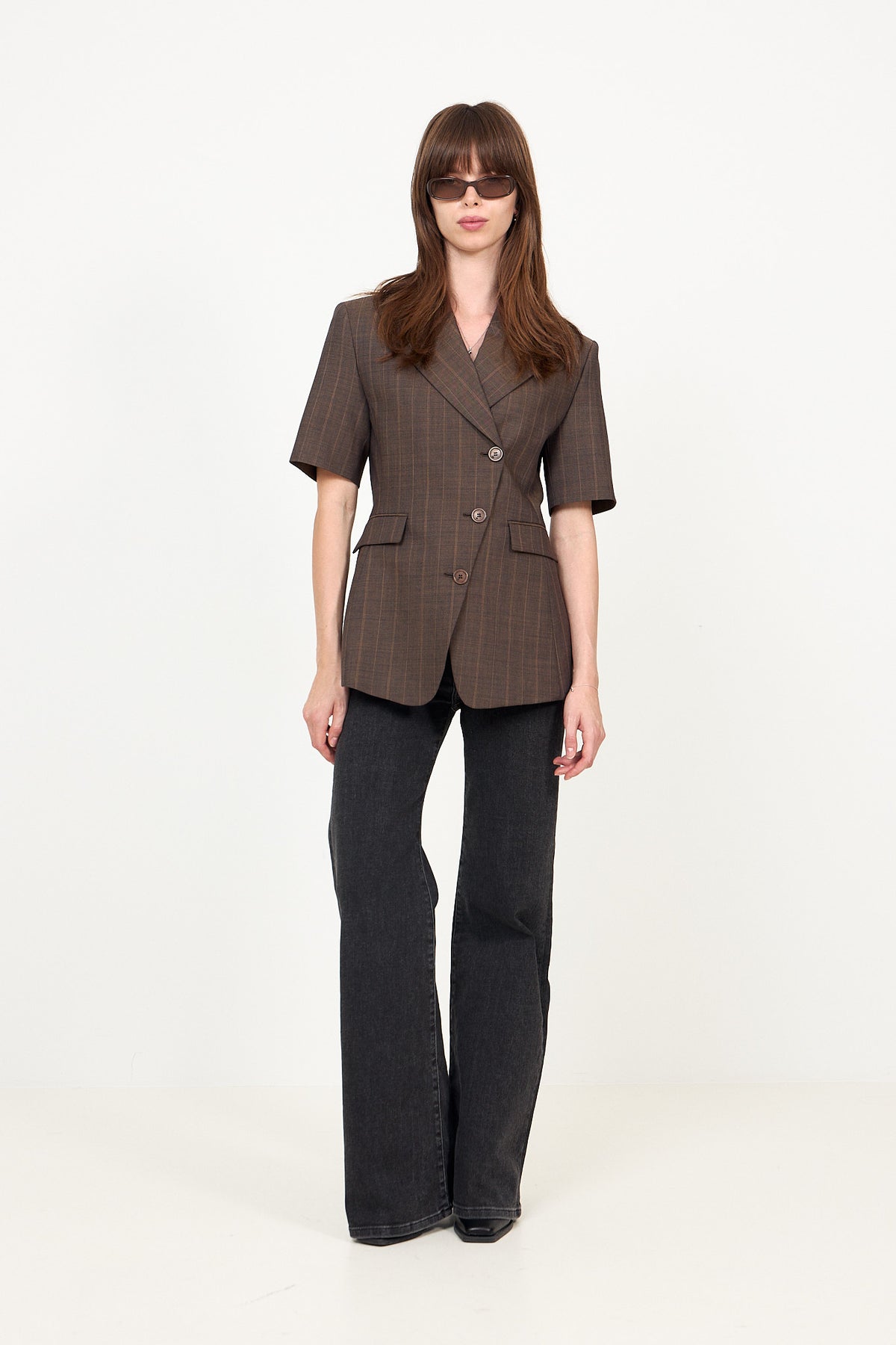 Light Wool Melange Stripe Short Sleeve Blazer - Rain Drum