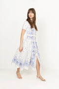 Embroidered Midi Dress - White And Blue