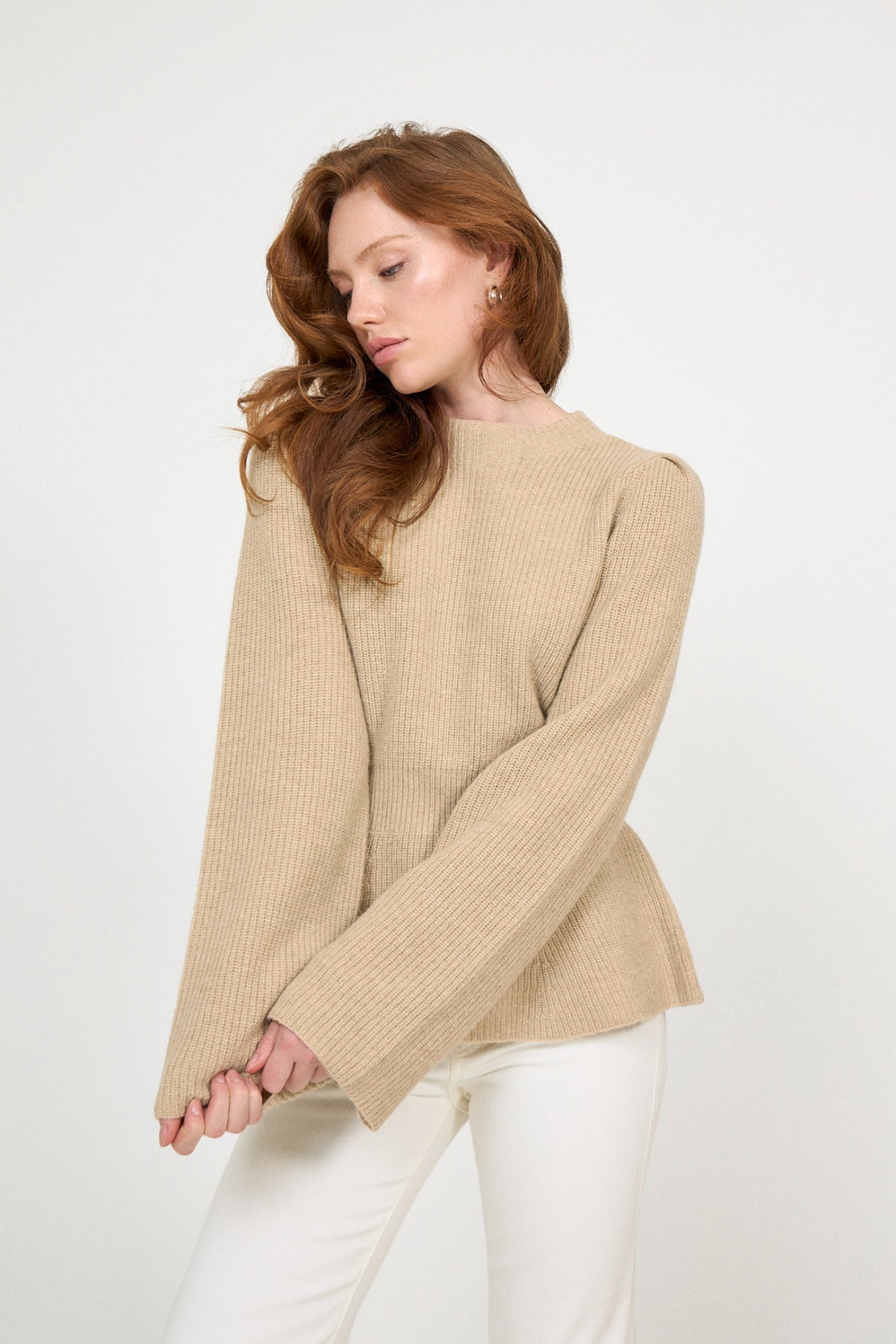 Marie Wool Peplum Sweater - Sand Melange