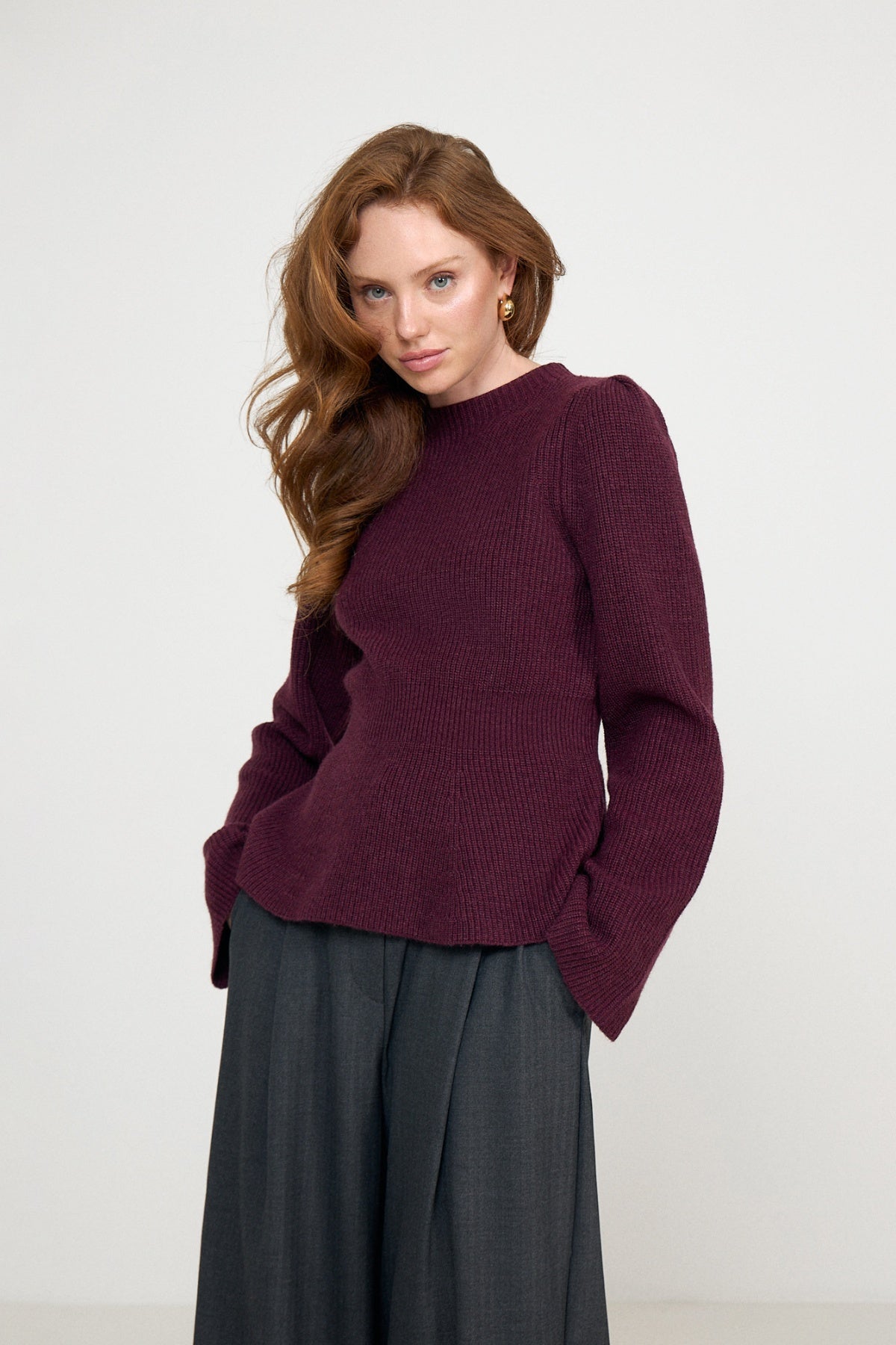 Marie Wool Peplum Sweater - Bordeaux