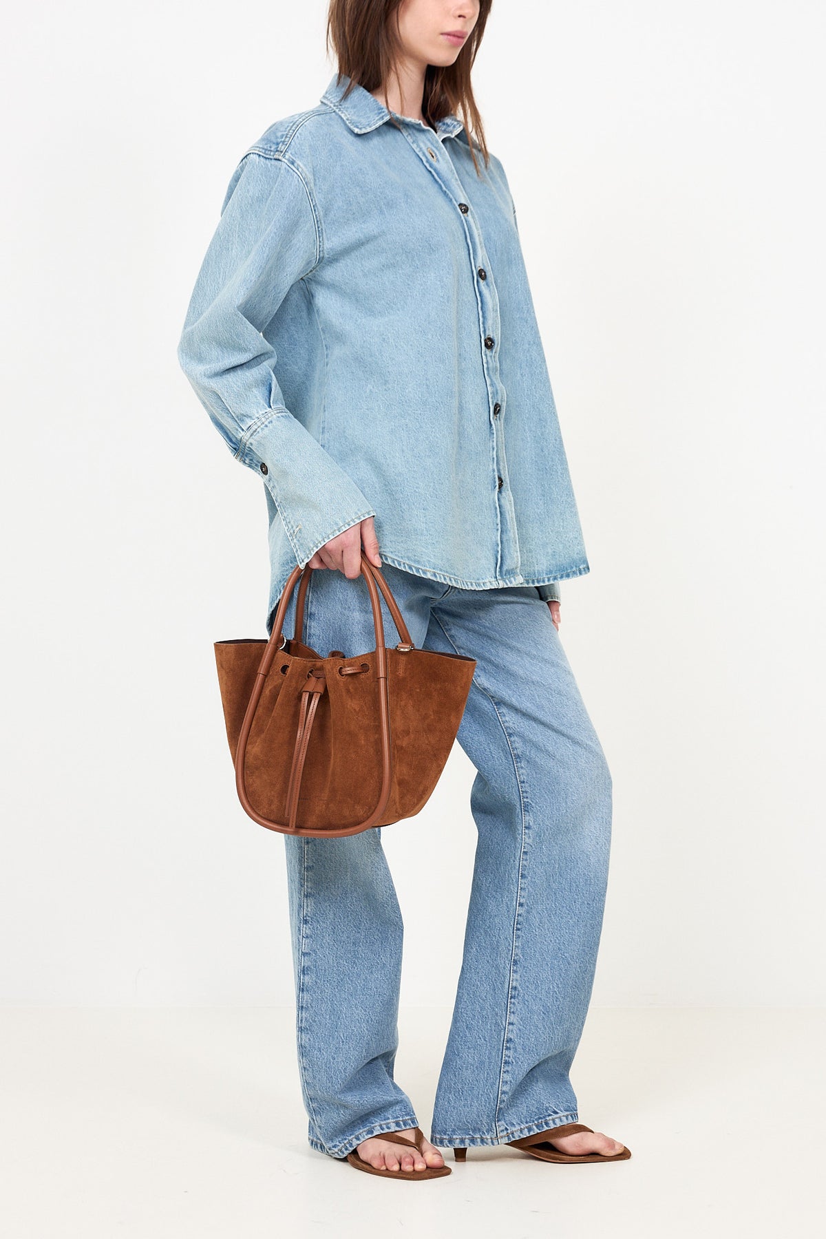 Small Ruched Tote In Soft Suede - Saddle