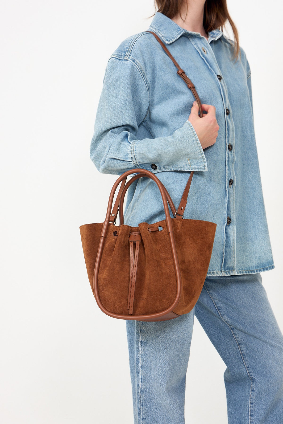 Small Ruched Tote In Soft Suede - Saddle