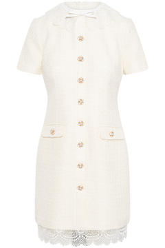 Boucle Lace Trim Mini Dress - Cream