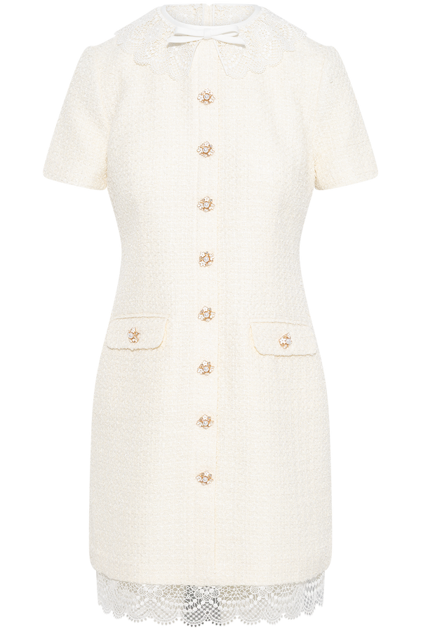 Boucle Lace Trim Mini Dress - Cream