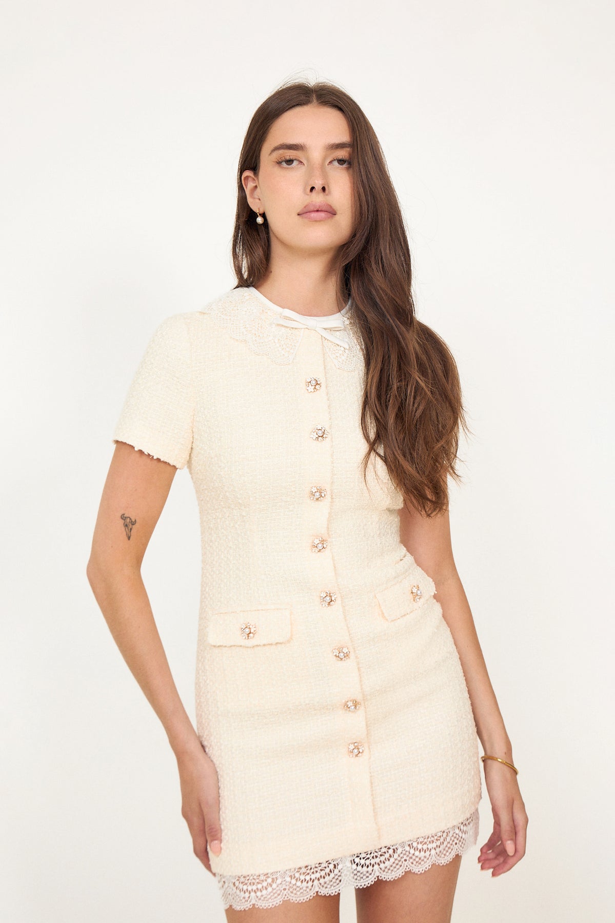 Boucle Lace Trim Mini Dress - Cream
