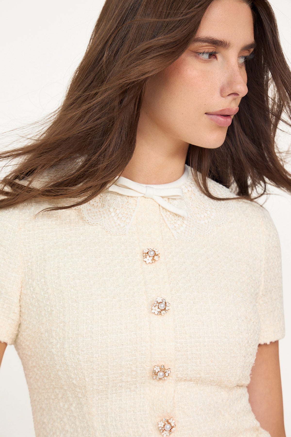 Boucle Lace Trim Mini Dress - Cream