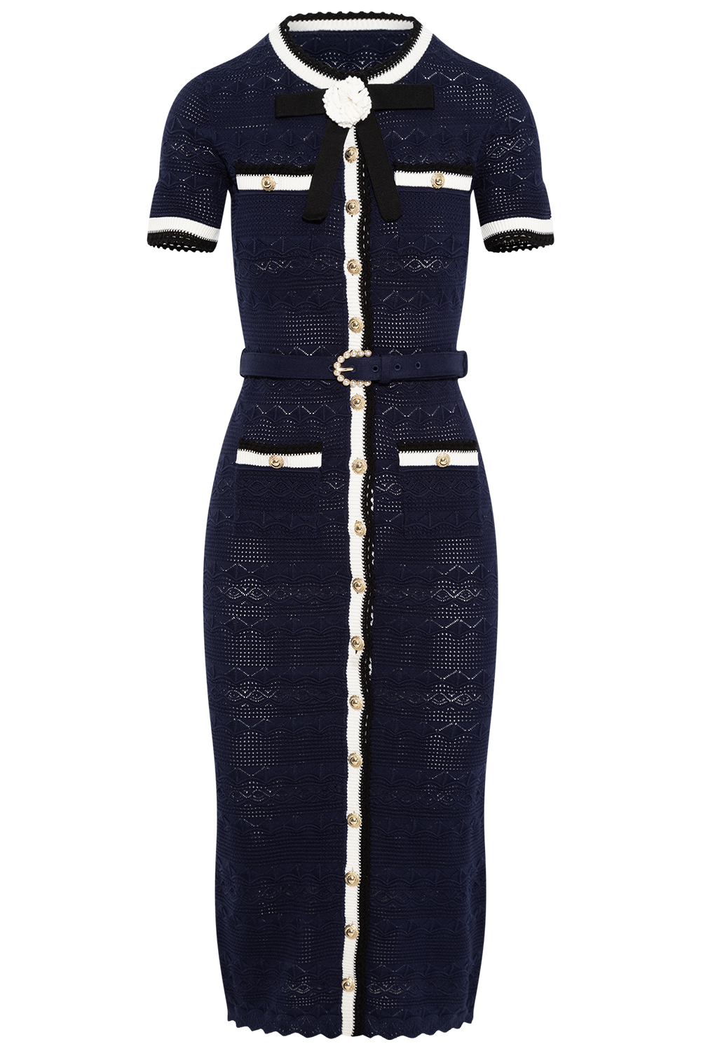 Pointelle Knit Midi Dress - Navy