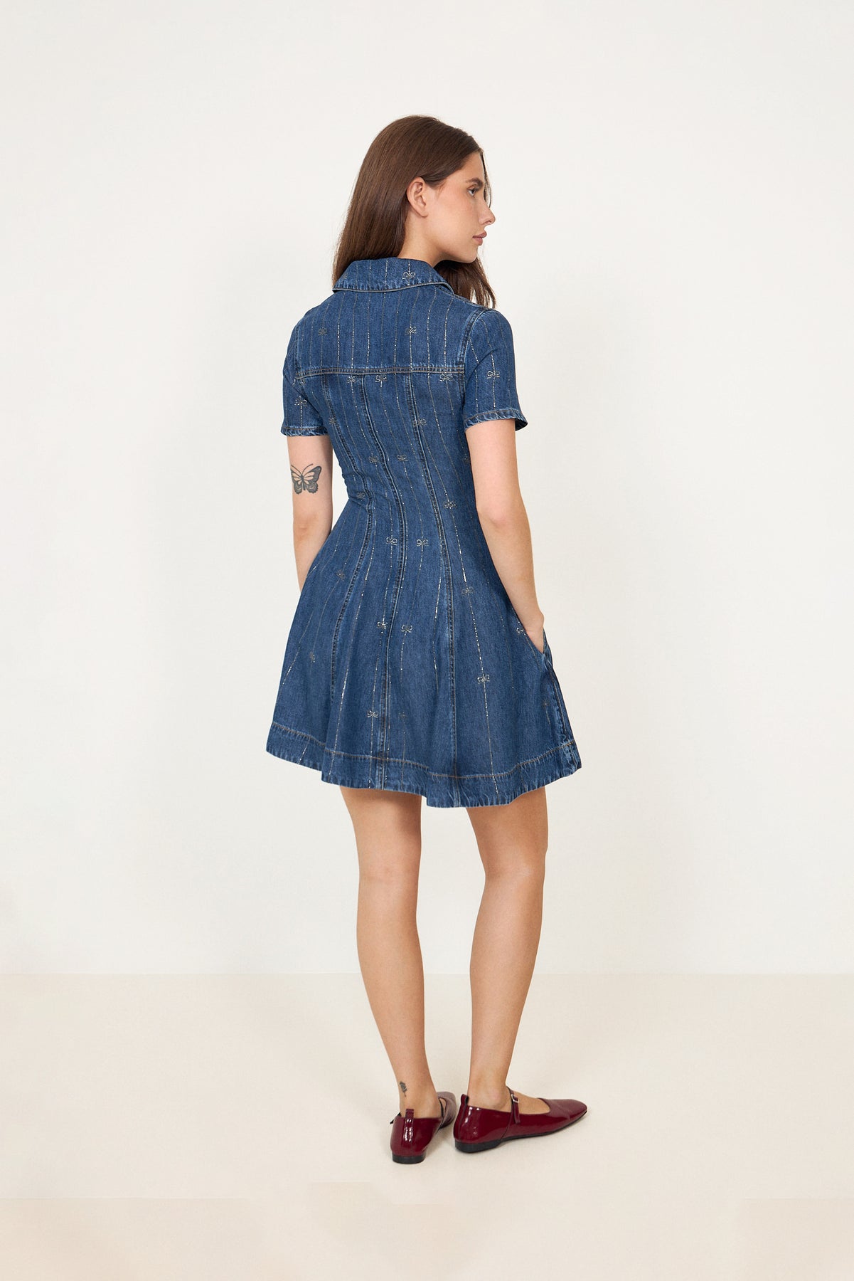 Rhinestone Stripe Denim Mini Dress - Blue