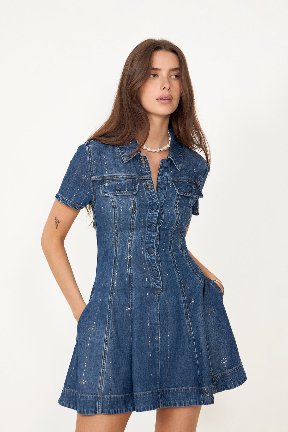 Rhinestone Stripe Denim Mini Dress - Blue