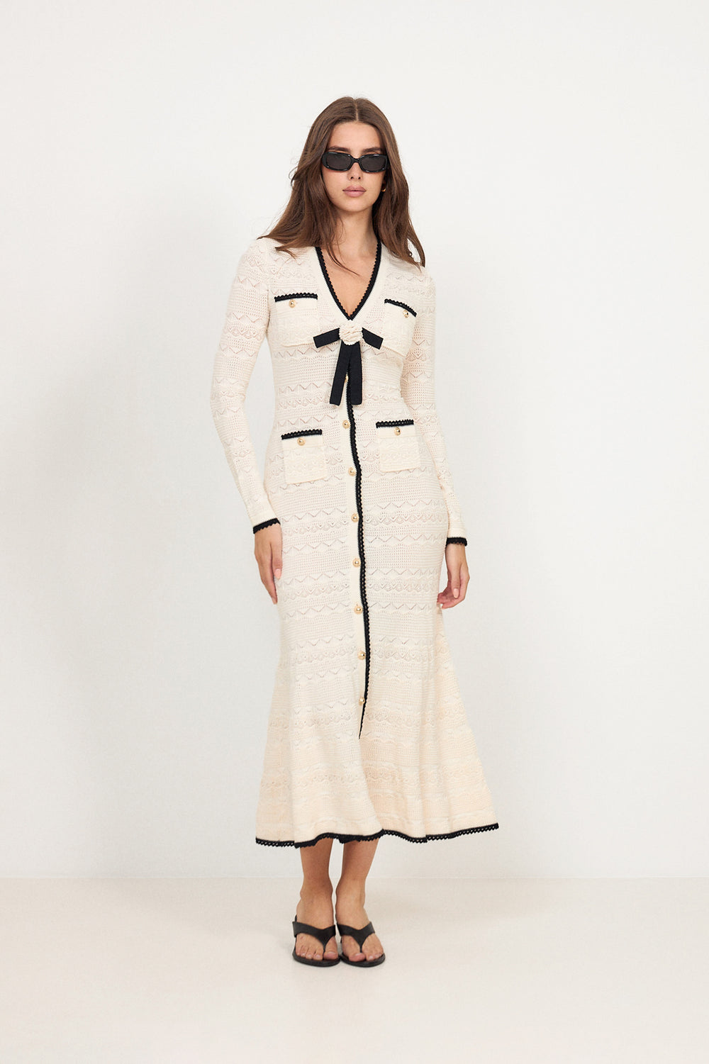 Pointelle Knit Long Cardigan - White
