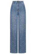 Rhinestone Stripe Denim Jeans - Light Blue