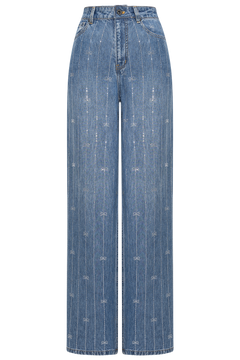 Rhinestone Stripe Denim Jeans - Light Blue