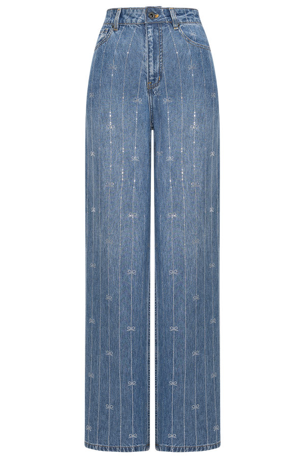 Rhinestone Stripe Denim Jeans - Light Blue