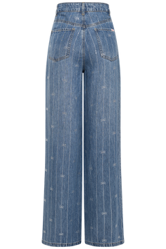 Rhinestone Stripe Denim Jeans - Light Blue