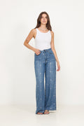 Rhinestone Stripe Denim Jeans - Light Blue