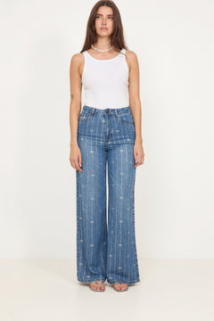 Rhinestone Stripe Denim Jeans - Light Blue