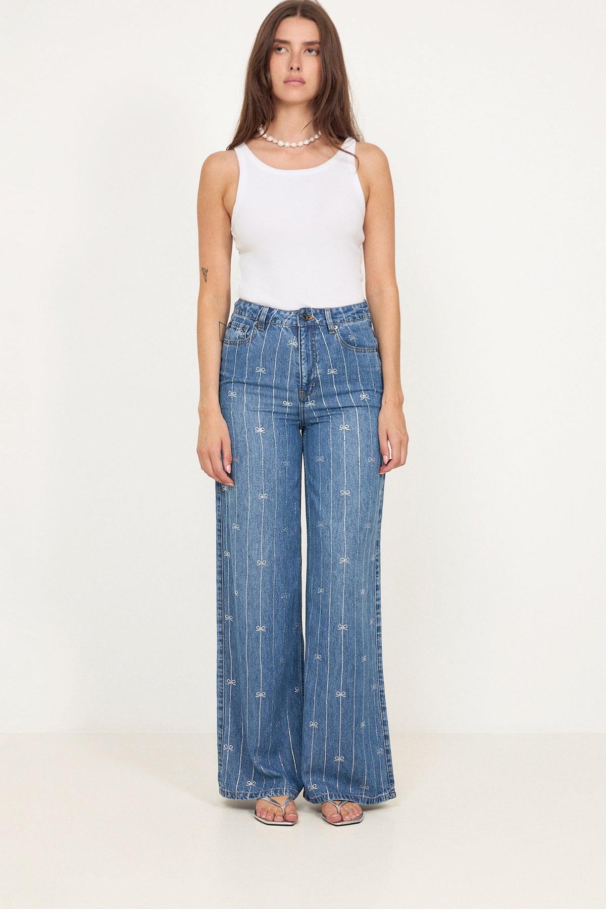Rhinestone Stripe Denim Jeans - Light Blue